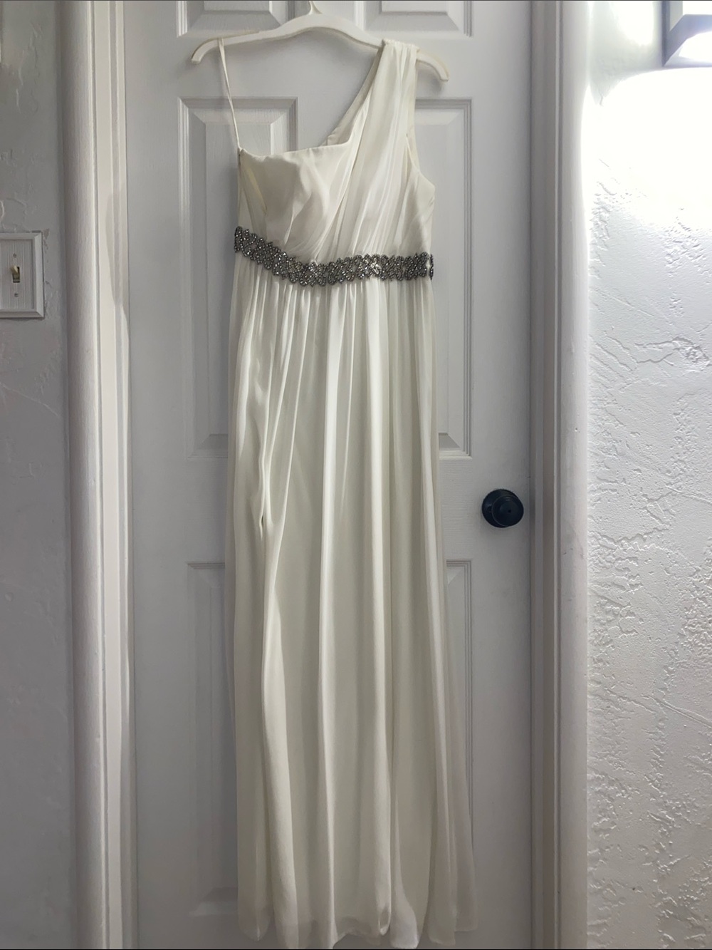 Ivory One-Shoulder Evening Dress with Beaded Waist